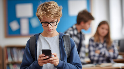 Junior student reading offensive post in phone, boys mock behind, cyberbullying