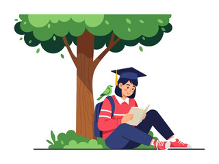 Knowledge under shade: A studious graduate immersed in a book under the gentle shade of a tree, her feathered companion perched nearby, evoking a serene academic escape and love for learning.