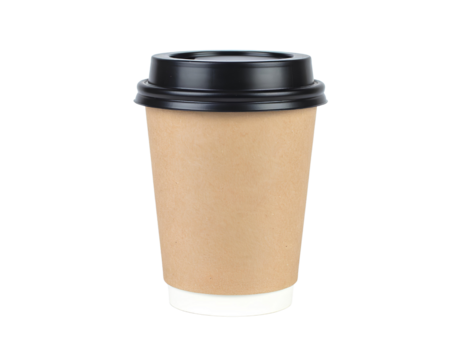 Cardboard coffee cup with black plastic isolated on a transparent background.