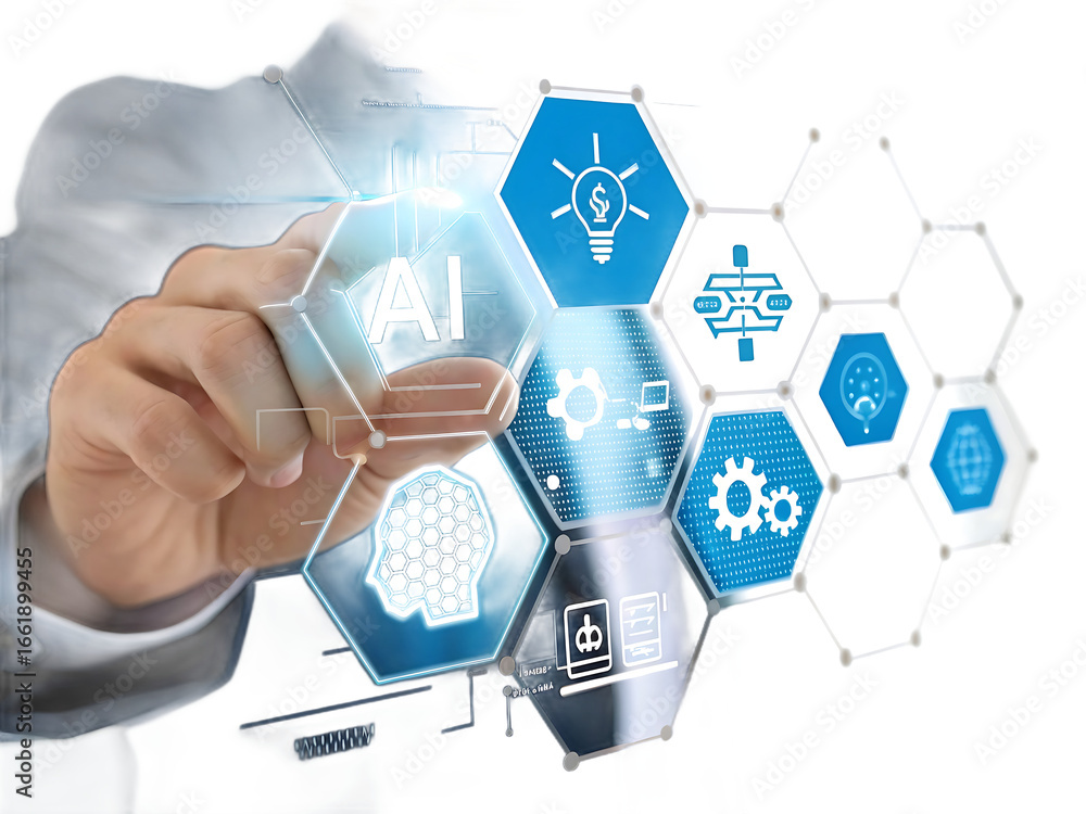 Aufkleber artificial intelligence interface connection with digital transformation concept hand activating adv