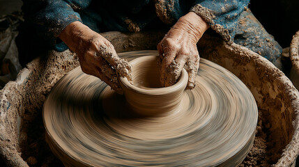 A view looking down onto a clay pot being turned on a potter's wheel with hands