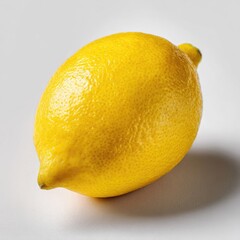 A single, ripe lemon rests on a plain white background, its bright yellow skin subtly textured, casting a small shadow