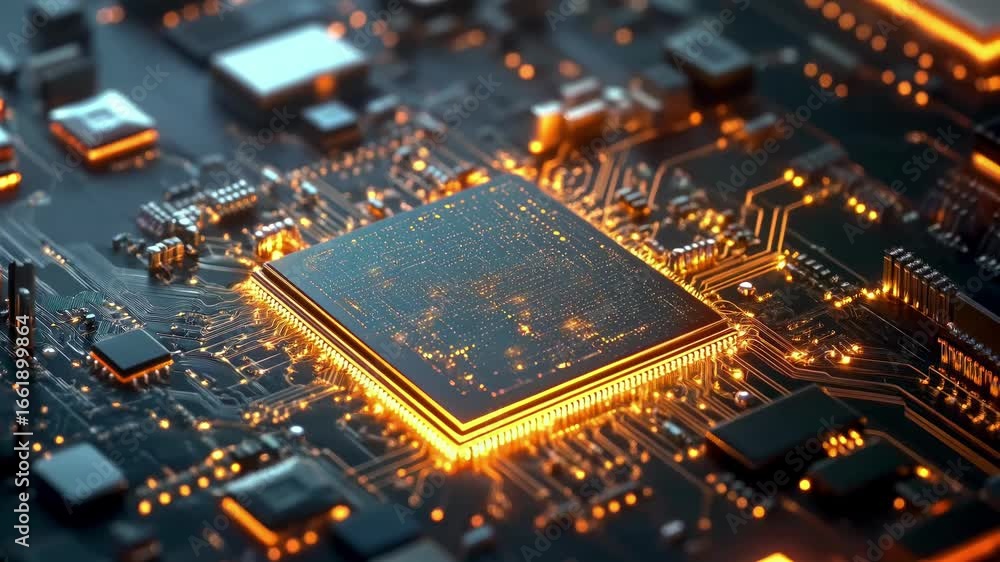 Poster close-up, angled view of a glowing microchip on a circuit board, highlighting intricate details. per