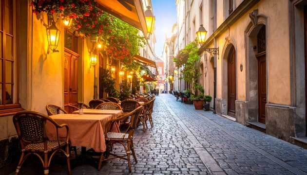 European cobblestone street cafe scene at dawn