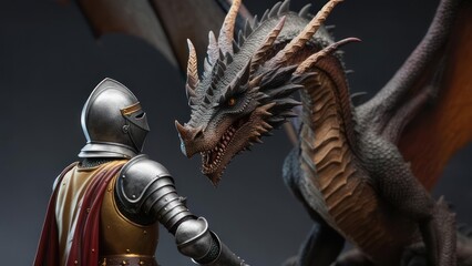 Face to Face with Legend: A Knight in Steel Armor Confronts a Majestic Horned Dragon