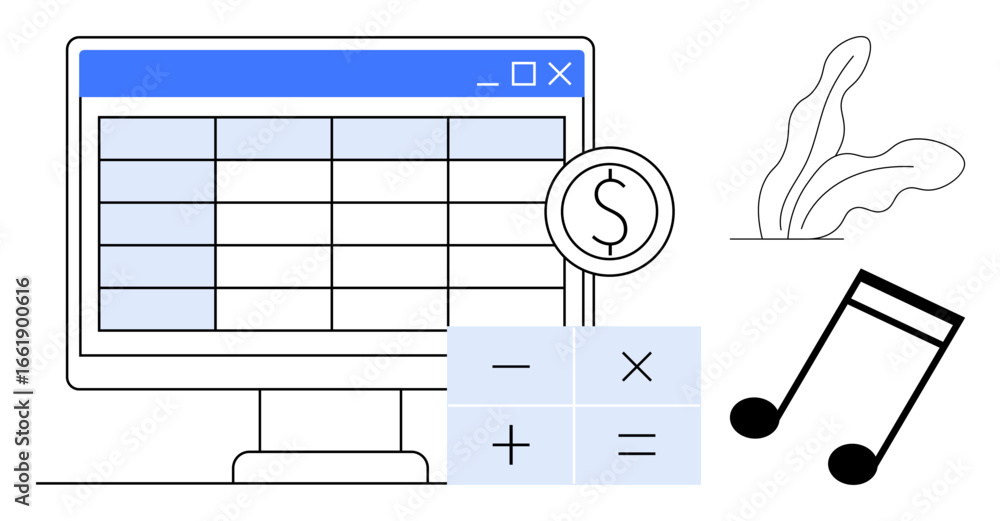 Poster digital spreadsheet on monitor with currency symbol and calculator icons, surrounded by abstract mus