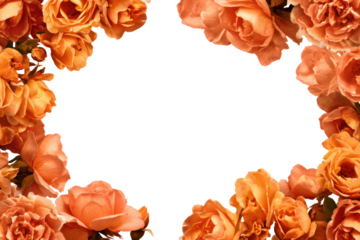Orange flower frame. Beautiful flower border isolated on transparent background. Template mockup from blooming roses. Summer spring design elements. PNG