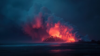 Volcano erupting at ocean edge, creating smoke and ash; natural disaster concept