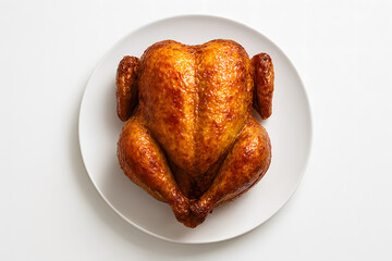 whole golden roasted chicken with potatoes served on plate brown meat tender baked dinner meal juicy oil ready grilled drumstick turkey delicious isolated white background roasted top front view angle