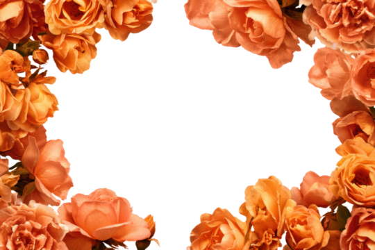 Orange flower frame. Beautiful flower border isolated on transparent background. Template mockup from blooming roses. Summer spring design elements. PNG