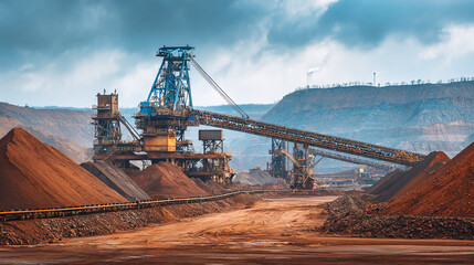 Industrial mining operations with conveyor belts and machinery in action on construction site for material extraction and processing during daytime work