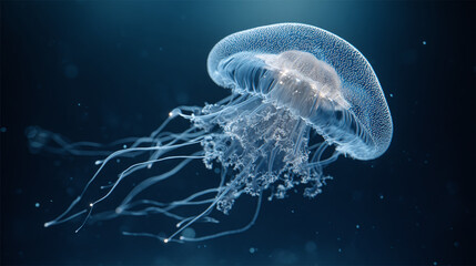 Obraz premium Translucent Jellyfish with Glowing Tentacles in Dark Ocean Water