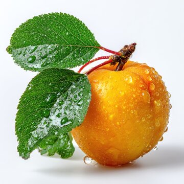 A single, ripe, yellow apricot adorned with three vibrant green leaves, glistening with water droplets against a stark white background