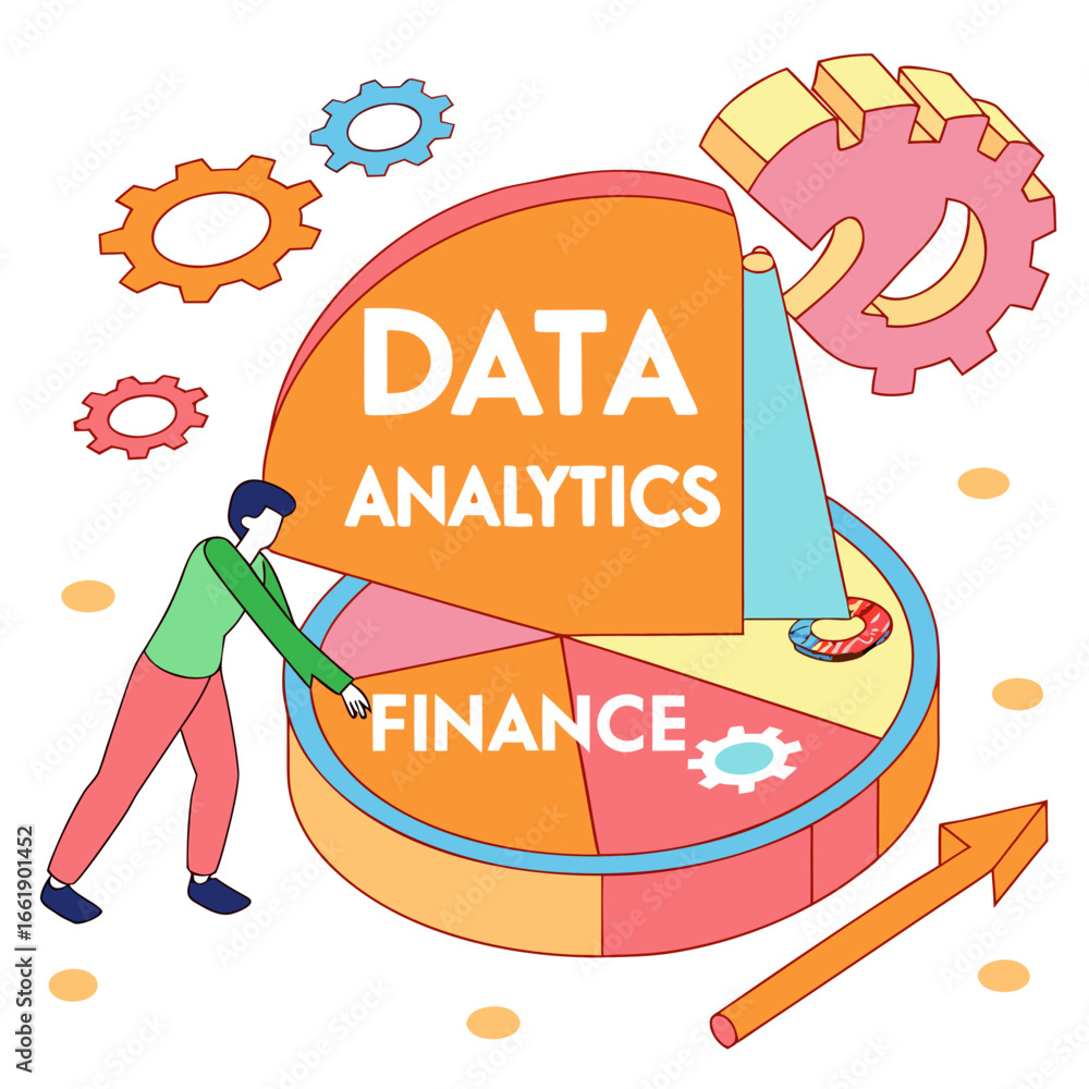 Poster vector art of isometric illustration of data analytics and finance with charts, gears, and a person 