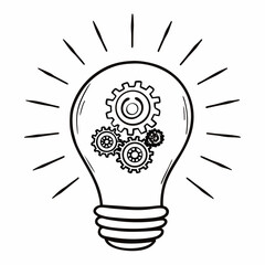 Vector art of hand drawn light bulb with gears inside representing idea generation and problem solving