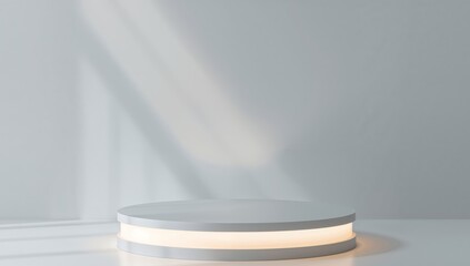 Minimalist Product Showcase. A Round Podium with Warm Ambient Lighting and Soft Shadows.