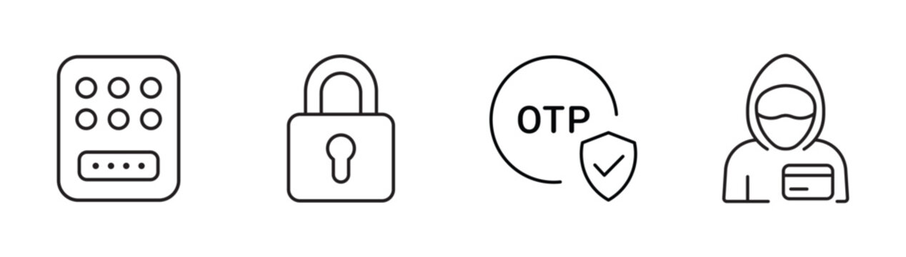 Security and fraud prevention icon set  including pin code, lock, otp, fraud  icons in outline style , vector illustration .
