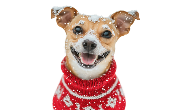 Dog wearing a Christmas sweater playing in the snow with festive holiday spirit and joyful expression isolated on transparent background PNG