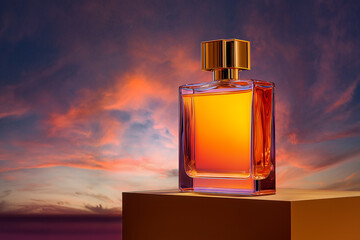 A dynamic shot of a perfume bottle ikept on a podium against a beautiful sunset sky. Realistic  perfume photography.  Scent, spray, aromatic bottle. 