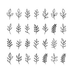 Various simple leaf designs arranged in a grid showcasing natural forms and outlines for artistic inspiration