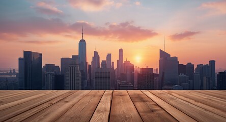 New York City Skyline at Sunset from Wooden Deck, a Tranquil Urban Scene.