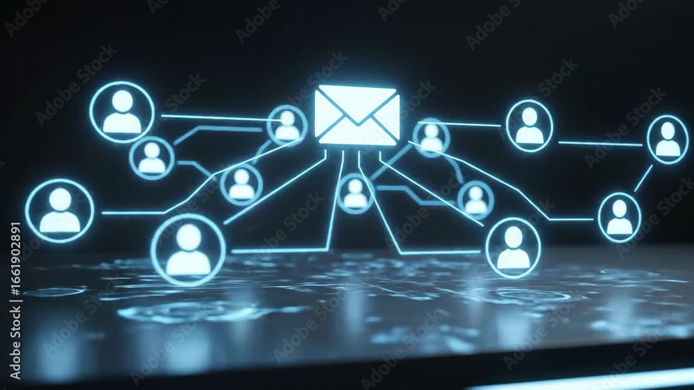 Poster digital email network animation close-up - a digital animation close-up shows icons depicting indivi