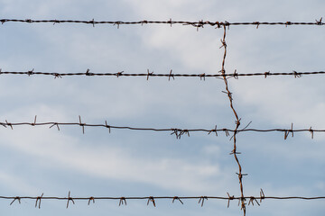 Barbed wire against blue sky background, symbol of restriction, confinement and security.