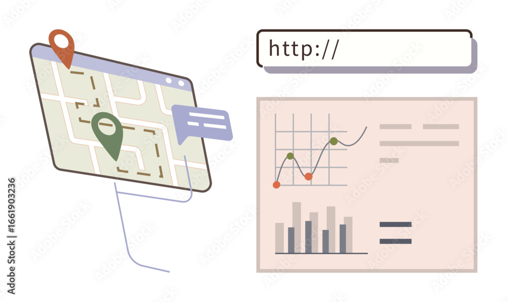 Poster map with location pins and a dialogue bubble alongside graphs and charts on a data panel, signifying