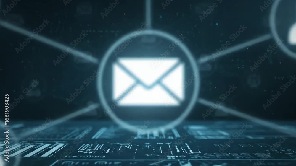Poster digital email network concept visualization - a close-up view of interconnected icons floating above