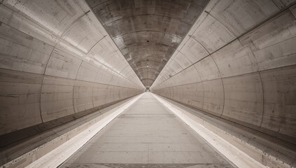 Fototapeta premium Perspective View of a Gray Concrete Tunnel with Symmetrical Design and Lighting.