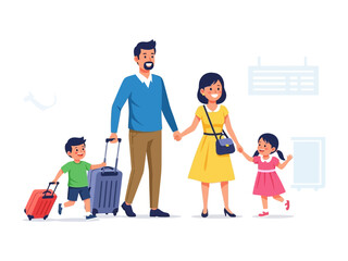 Family on a Journey: A happy family embarks on a travel adventure, their excitement and bond shining through as they stroll forward, carrying luggage in anticipation of the trip. 