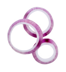 Obraz premium Top view of fresh red or purple Spanish onion rings or slices in stack isolated on white background with clipping path