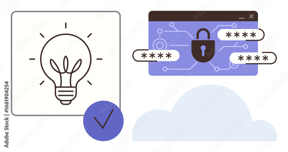 Poster light bulb and checkmark for innovation, lock with passwords for data security, and cloud symbolizin