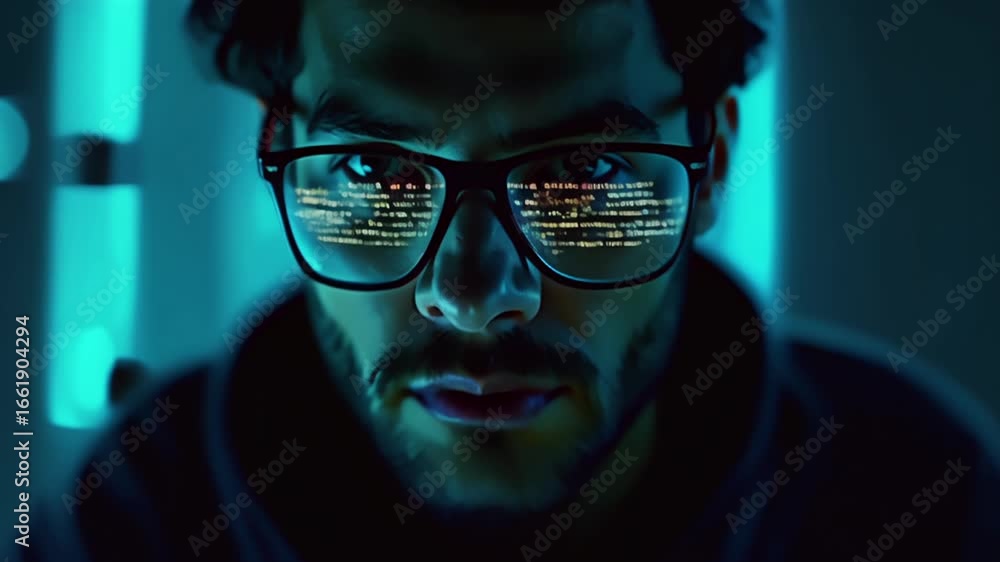 Wall mural engineer observing programming process with data visible in glasses. technology related concept.