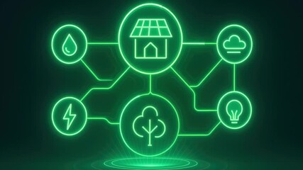 Smart home energy system with neon green icons showing solar panel water drop cloud light bulb tree connected in network green eco friendly sustainable renewable power technology concepts - Powered by Adobe