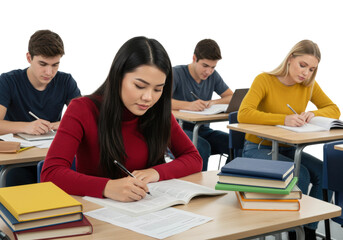 Students taking exams in classroom educational setting focused environment academic achievement isolated PNG
