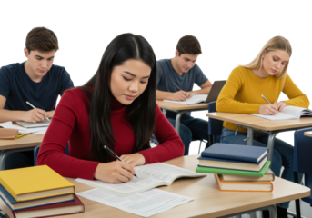 Students taking exams in classroom educational setting focused environment academic achievement isolated PNG
