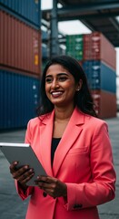 Empowered Indian business professional confidently oversees dynamic port operations, utilizing a digital tablet to manage global shipping logistics and ensure efficient trade