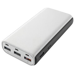 A white portable power bank with multiple usb ports and charging indicators isolated on transparent background