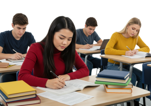 Students taking exams in classroom educational setting focused environment academic achievement isolated PNG