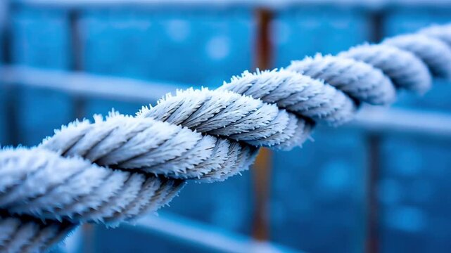 Frost covered twisted rope close up with icy texture and blue blurred background showing detailed frozen fibers in cold outdoor winter atmosphere with fiber frost and cold texture