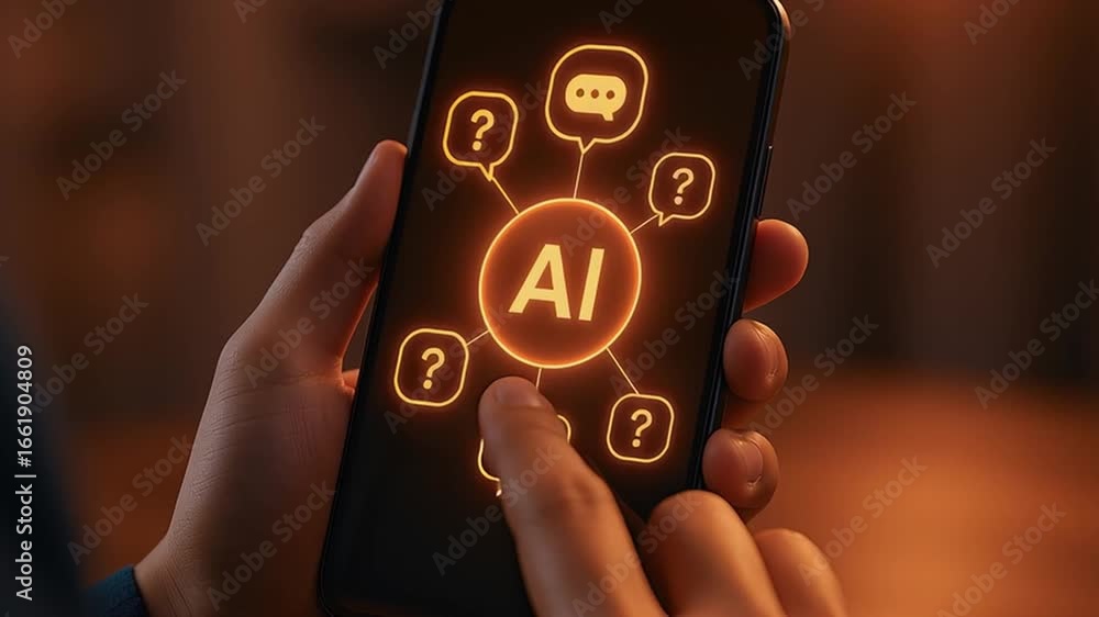 Aufkleber ai technology and artificial intelligence on smartphone screen with glowing icons, hand interacting,