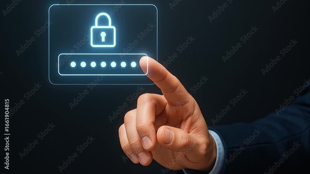 Aufkleber password security digital interface hand pointing at lock icon with glowing password dots on virtual