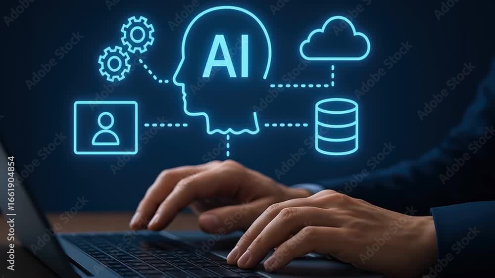 Poster artificial intelligence technology with hands typing on laptop keyboard and glowing blue digital ico