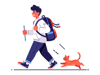Boy and Cat's Daily Stroll: A young individual, with a backpack and a joyful spirit, strolling with a playful companion.