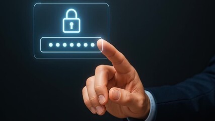Password security digital interface hand pointing at lock icon with glowing password dots on virtual screen symbolizing data protection cybersecurity technology access and protection - Powered by Adobe