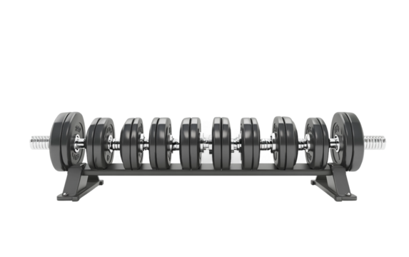 Home or commercial gym interior featuring organized dumbbells and inspirational wall artwork isolated on transparent background PNG