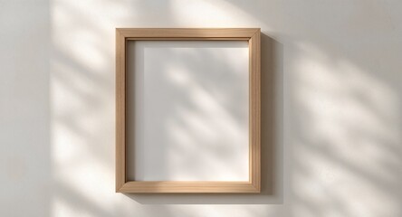 Simple Wooden Frame Mockup on Textured Wall with Shadow Overlay, Neutral Tones.