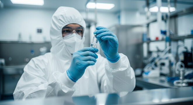 Scientist in Sterile Cleanroom Suit Inspecting Vial in Advanced Pharmaceutical Research Lab