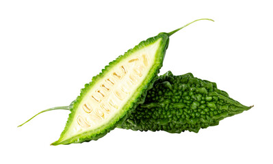 One green bitter gourd or bitter melon with half in stack isolated with clipping path in png file...